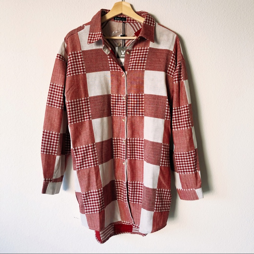 NWOT Very J Red Grey Patchwork Plaid Shirtdress M